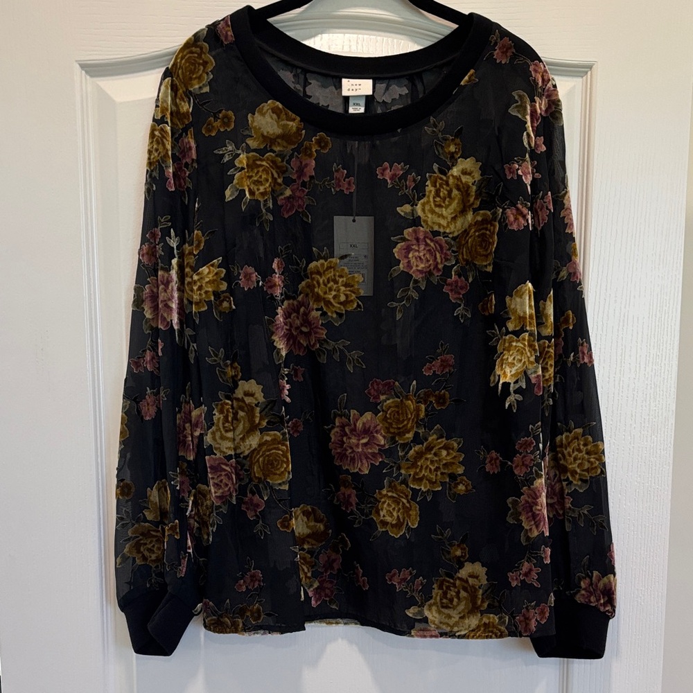 a new day Black Floral Sheer Blouse